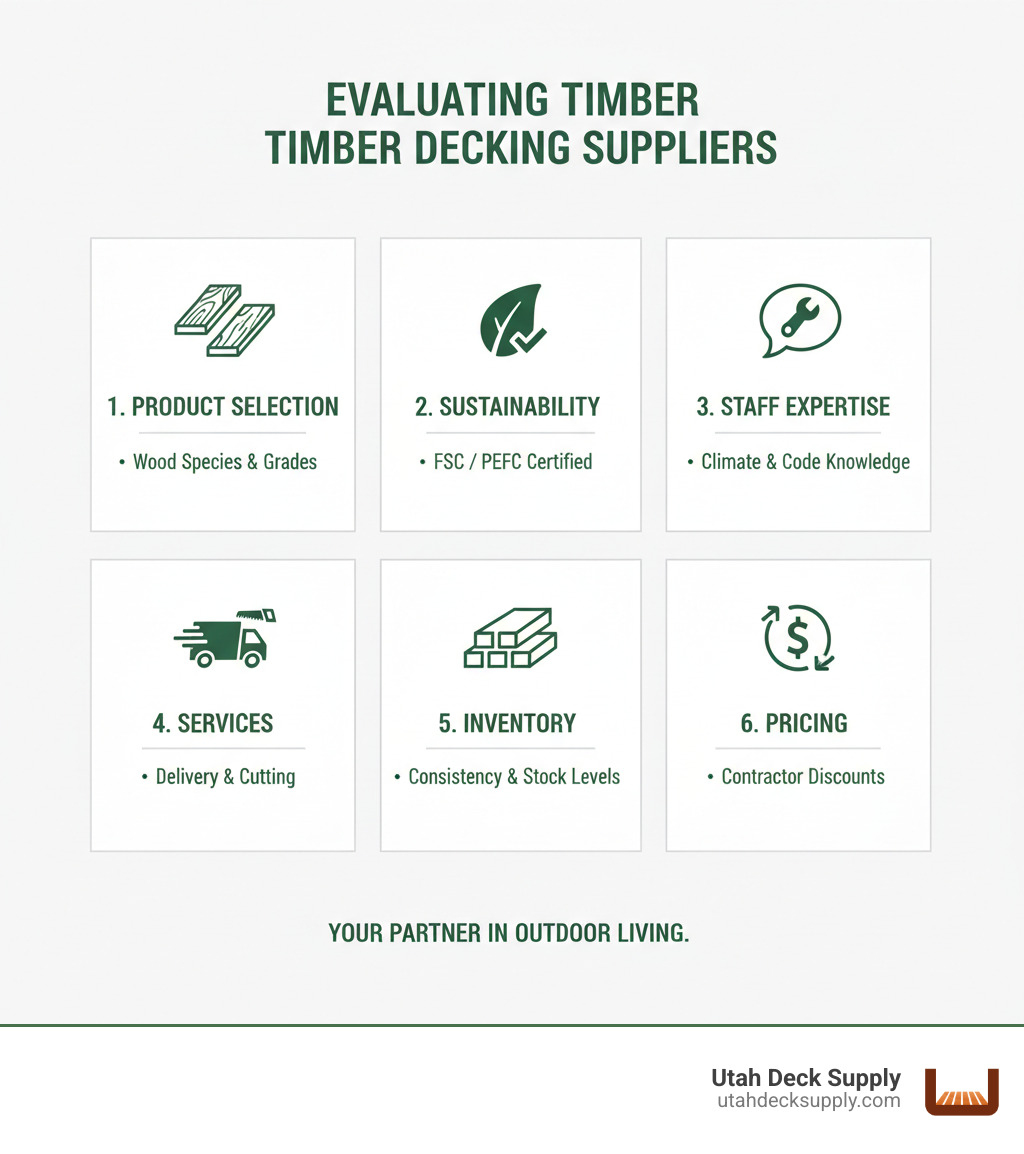 Infographic showing how to evaluate timber decking suppliers: 1. Check product selection including wood species and grades, 2. Verify sustainability certifications like FSC/PEFC, 3. Assess staff expertise on climate and code requirements, 4. Compare services like delivery and cutting, 5. Review inventory consistency and stock levels, 6. Compare pricing including contractor discounts - timber decking suppliers near me infographic 