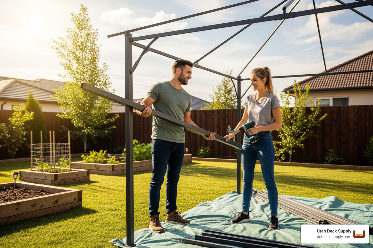 couple happily assembling a gazebo kit - round metal gazebo kits