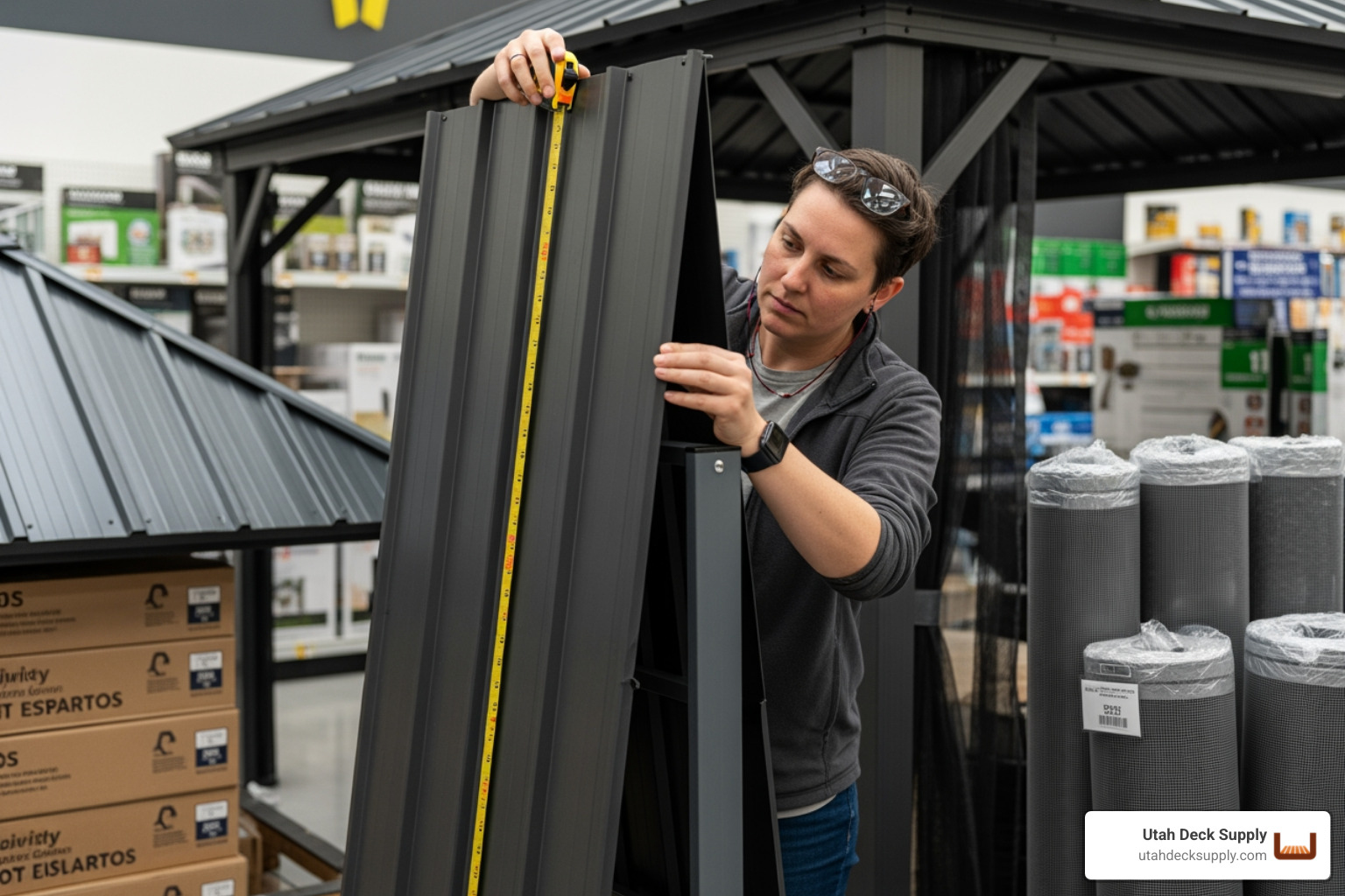person examining the roof panel of a gazebo kit in a store - round metal gazebo kits