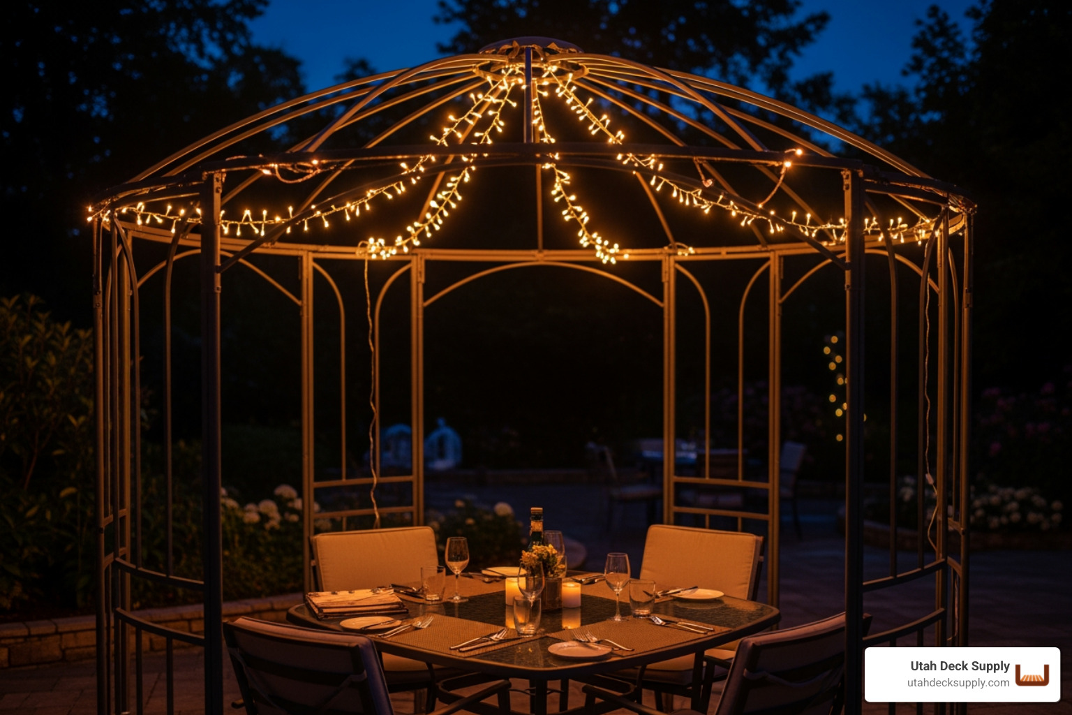round metal gazebo set up for outdoor dining with string lights - round metal gazebo kits