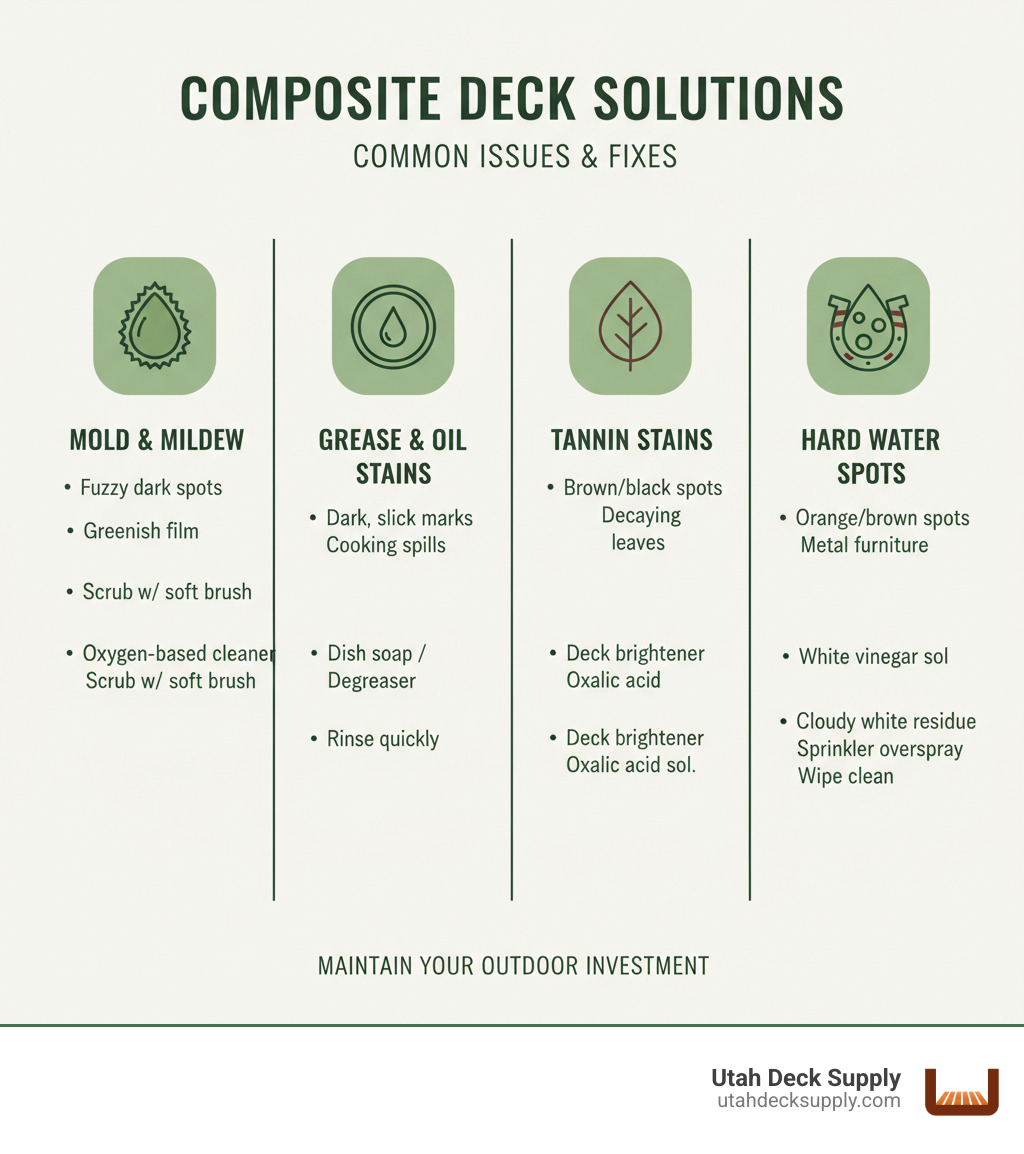 Infographic showing common composite deck issues and their solutions: mold and mildew (use oxygen-based cleaner, scrub with soft brush), grease and oil stains (apply dish soap or degreaser, rinse quickly), tannin stains from leaves (use deck brightener with oxalic acid), rust marks (apply deck brightener or oxalic acid solution), and hard water spots (clean with white vinegar solution) - composite deck cleaner infographic Infographic showing common composite deck issues and their solutions: mold and mildew (use oxygen-based cleaner, scrub with soft brush), grease and oil stains (apply dish soap or degreaser, rinse quickly), tannin stains from leaves (use deck brightener with oxalic acid), rust marks (apply deck brightener or oxalic acid solution), and hard water spots (clean with white vinegar solution) - composite deck cleaner infographic