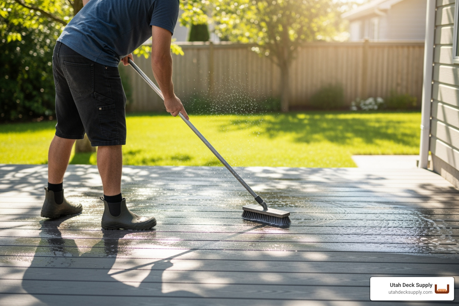person gently scrubbing a wet composite deck with a long-handled brush - composite deck cleaner person gently scrubbing a wet composite deck with a long-handled brush - composite deck cleaner