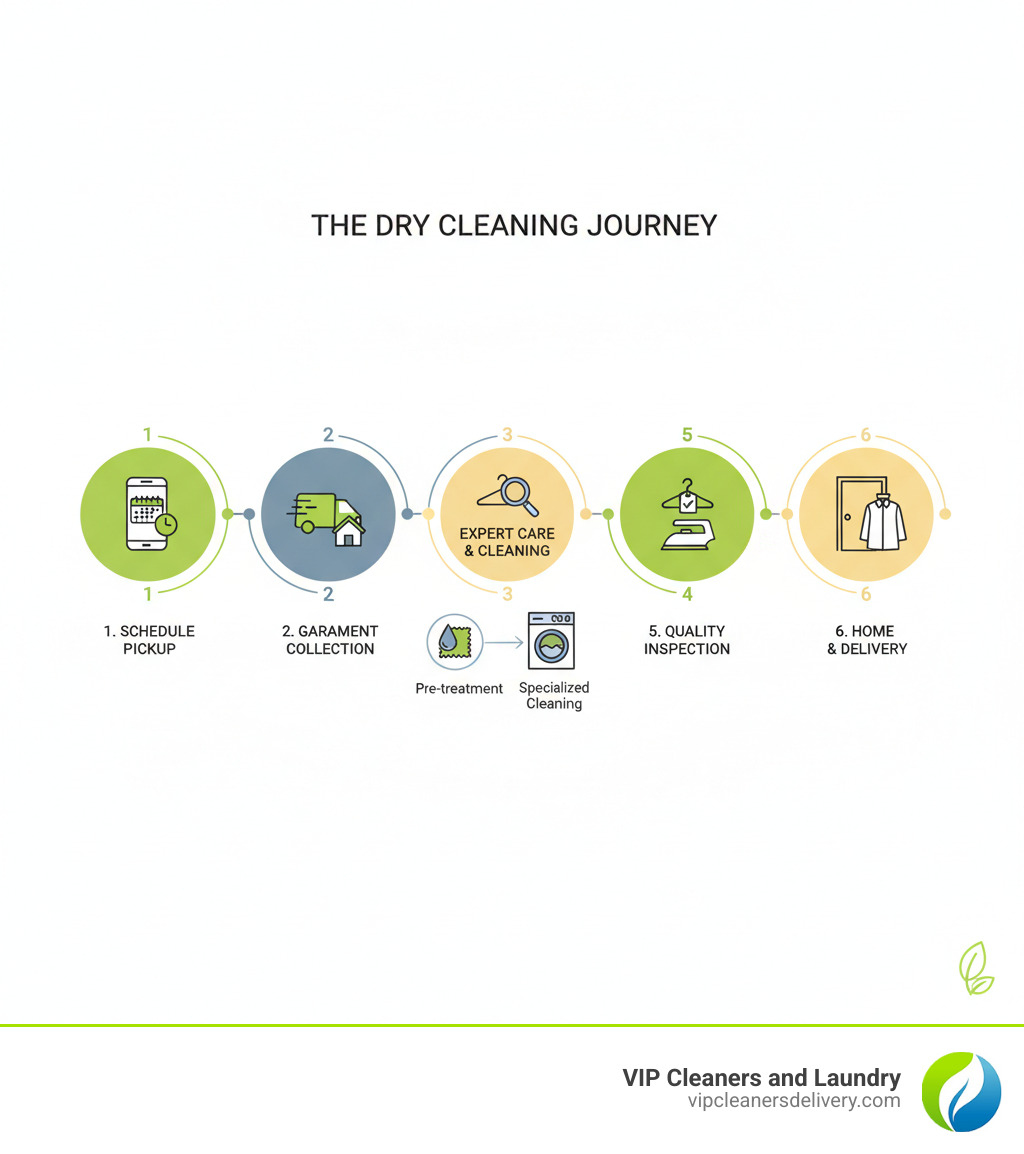 Infographic showing the dry cleaning journey: 1. Schedule pickup via app or phone, 2. Garments collected from your location, 3. Professional inspection and tagging, 4. Stain pre-treatment, 5. Cleaning with specialized solvents, 6. Quality inspection, 7. Pressing and finishing, 8. Packaging in protective garment bags, 9. Delivery back to your door - dry cleaning service infographic 