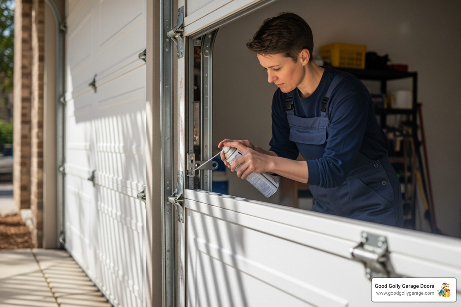 Homeowner lubricating a garage door hinge - noisy garage door wrightwood ca