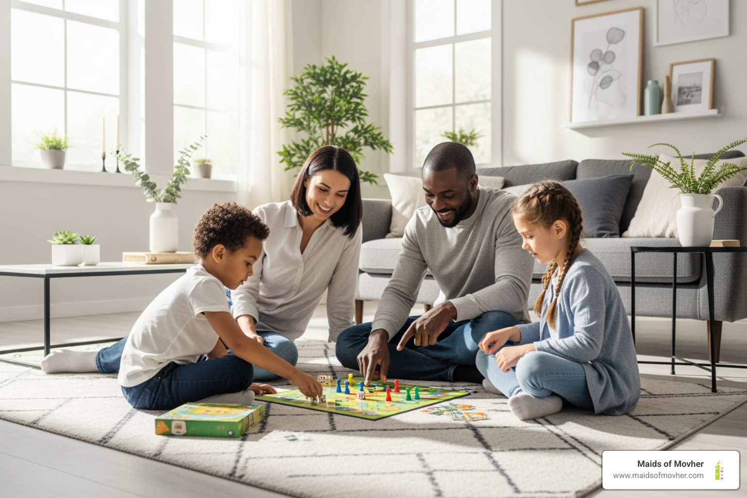 family relaxing and playing board game in spotless home - "Can you list some house cleaning services for Liberty Lake, WA?" family relaxing and playing board game in spotless home - "Can you list some house cleaning services for Liberty Lake, WA?"