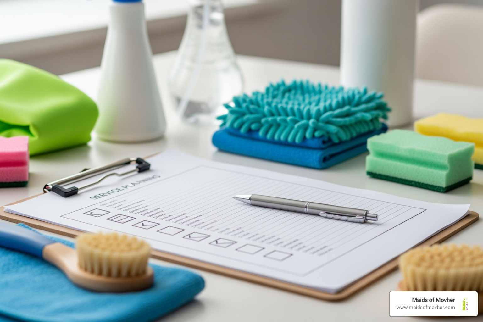 A detailed checklist on a clipboard with a pen, surrounded by cleaning supplies, symbolizing thorough service planning. - "I'm looking for professional residential cleaners in Mead." A detailed checklist on a clipboard with a pen, surrounded by cleaning supplies, symbolizing thorough service planning. - "I'm looking for professional residential cleaners in Mead."