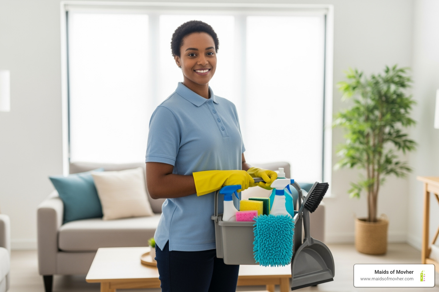 A friendly cleaner, holding cleaning supplies, smiling and ready to begin their work in a home. - "I'm looking for professional residential cleaners in Mead." A friendly cleaner, holding cleaning supplies, smiling and ready to begin their work in a home. - "I'm looking for professional residential cleaners in Mead."