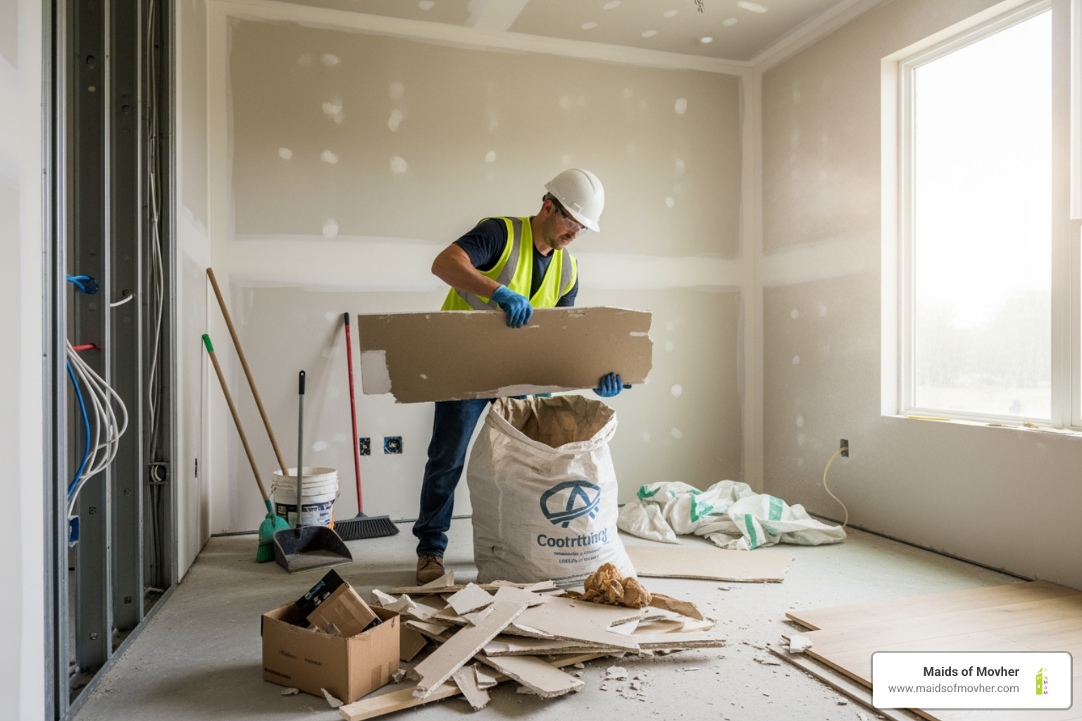 A cleaner removing large pieces of construction debris from a newly built room, wearing appropriate safety gear. - Which companies offer post construction cleaning in Spokane?" A cleaner removing large pieces of construction debris from a newly built room, wearing appropriate safety gear. - Which companies offer post construction cleaning in Spokane?"