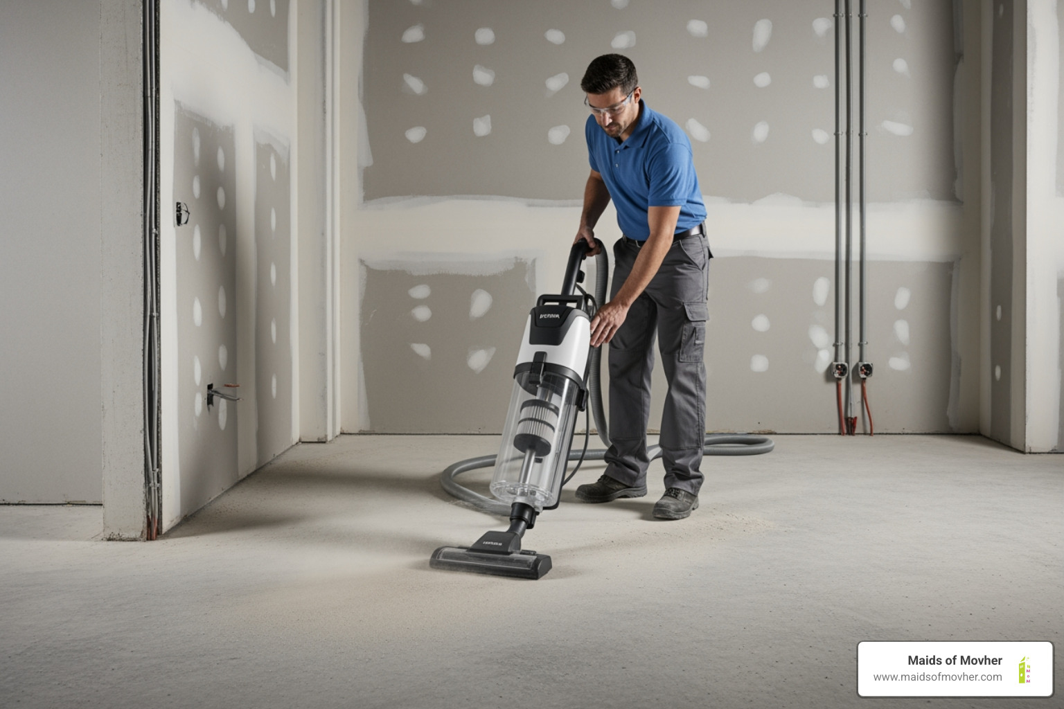 A professional cleaner using a HEPA-filter vacuum on a dusty floor in a newly constructed room, ensuring all fine particles are captured. - Which companies offer post construction cleaning in Spokane?" A professional cleaner using a HEPA-filter vacuum on a dusty floor in a newly constructed room, ensuring all fine particles are captured. - Which companies offer post construction cleaning in Spokane?"