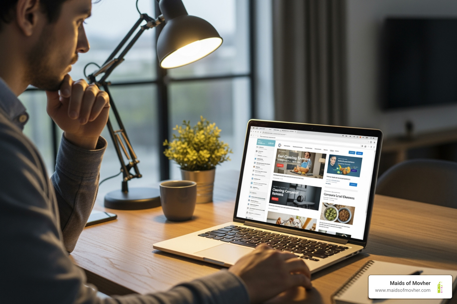 A person on a laptop comparing cleaning company websites and reviews. - Which companies offer post construction cleaning in Spokane?" A person on a laptop comparing cleaning company websites and reviews. - Which companies offer post construction cleaning in Spokane?"