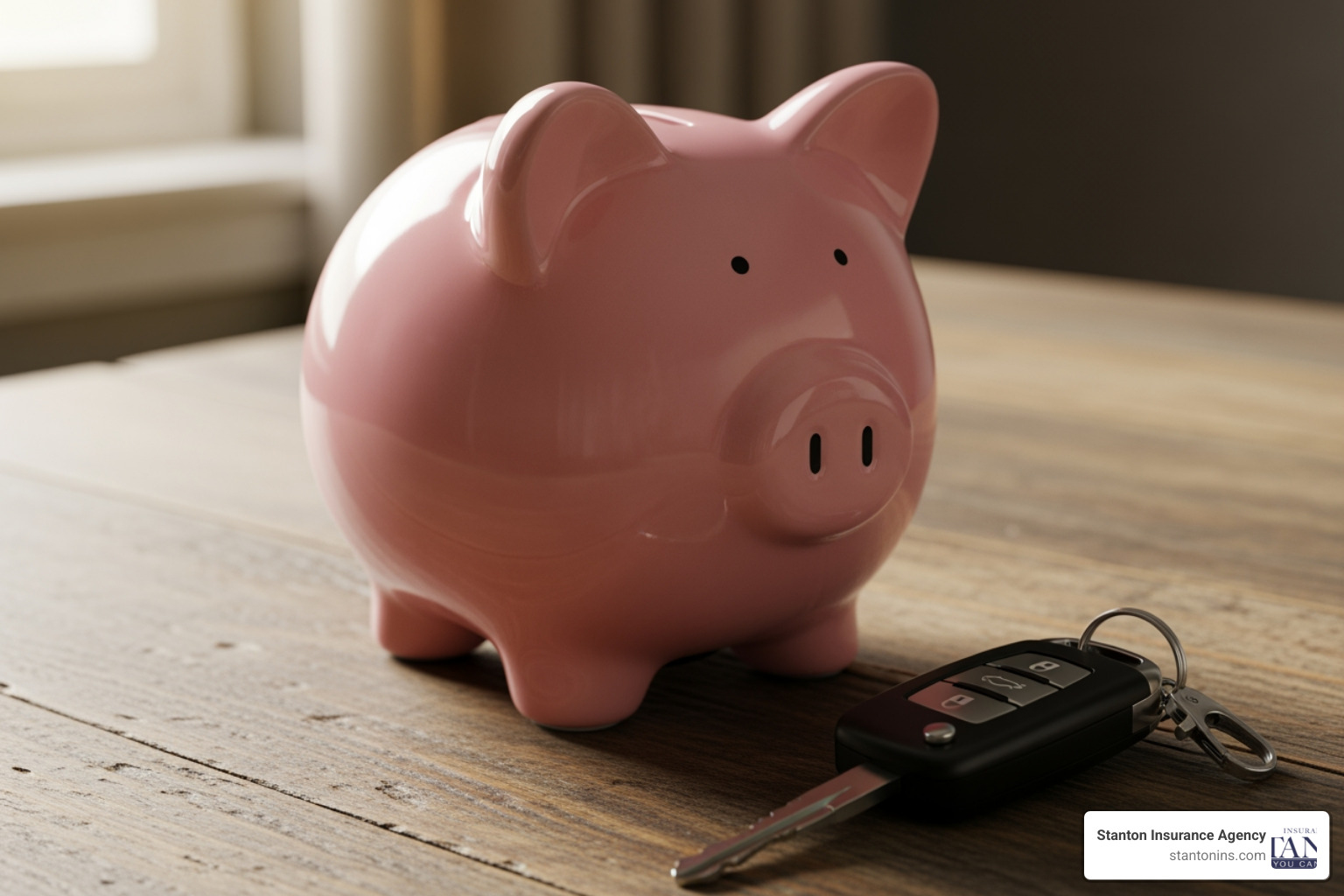 Piggy bank with car key next to it - How much car insurance