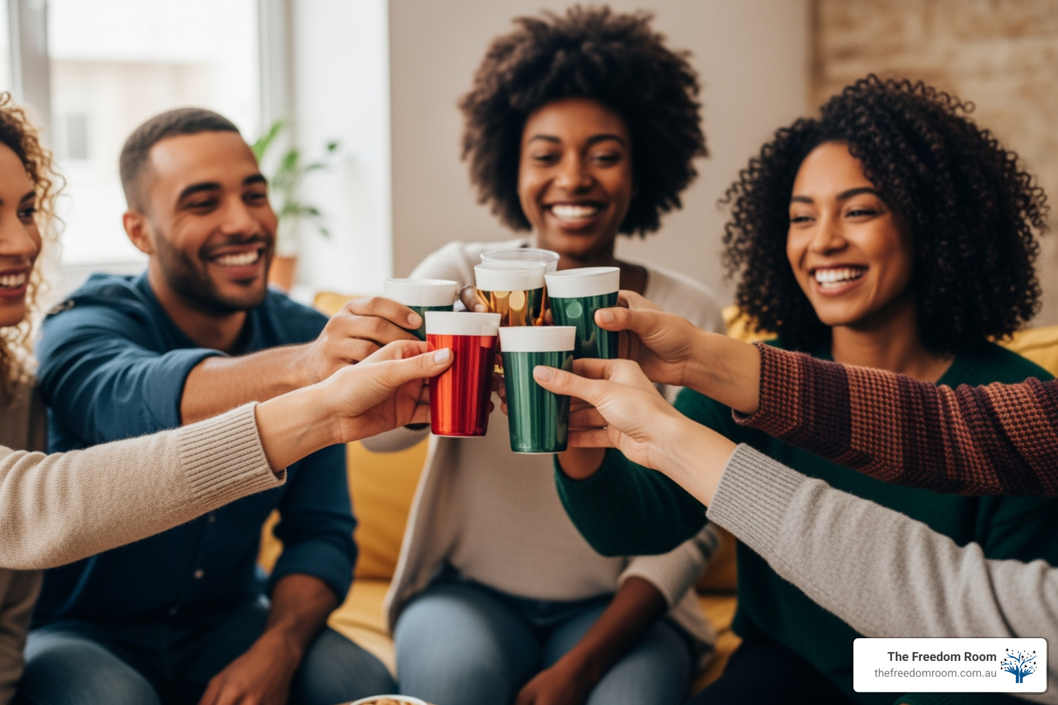 Diverse group of friends smiling, lifting non-alcoholic beverages in a toast, collectively celebrating sobriety milestones achieved together.