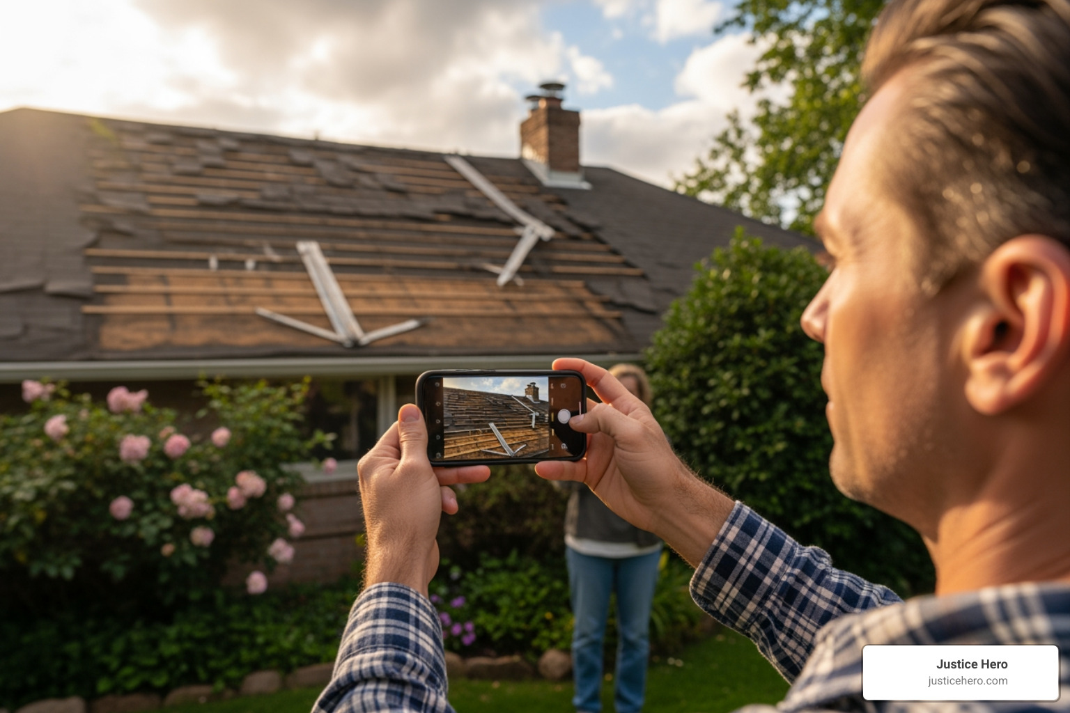 a homeowner taking photos of a damaged roof with their smartphone - Dealing with insurance companies a homeowner taking photos of a damaged roof with their smartphone - Dealing with insurance companies