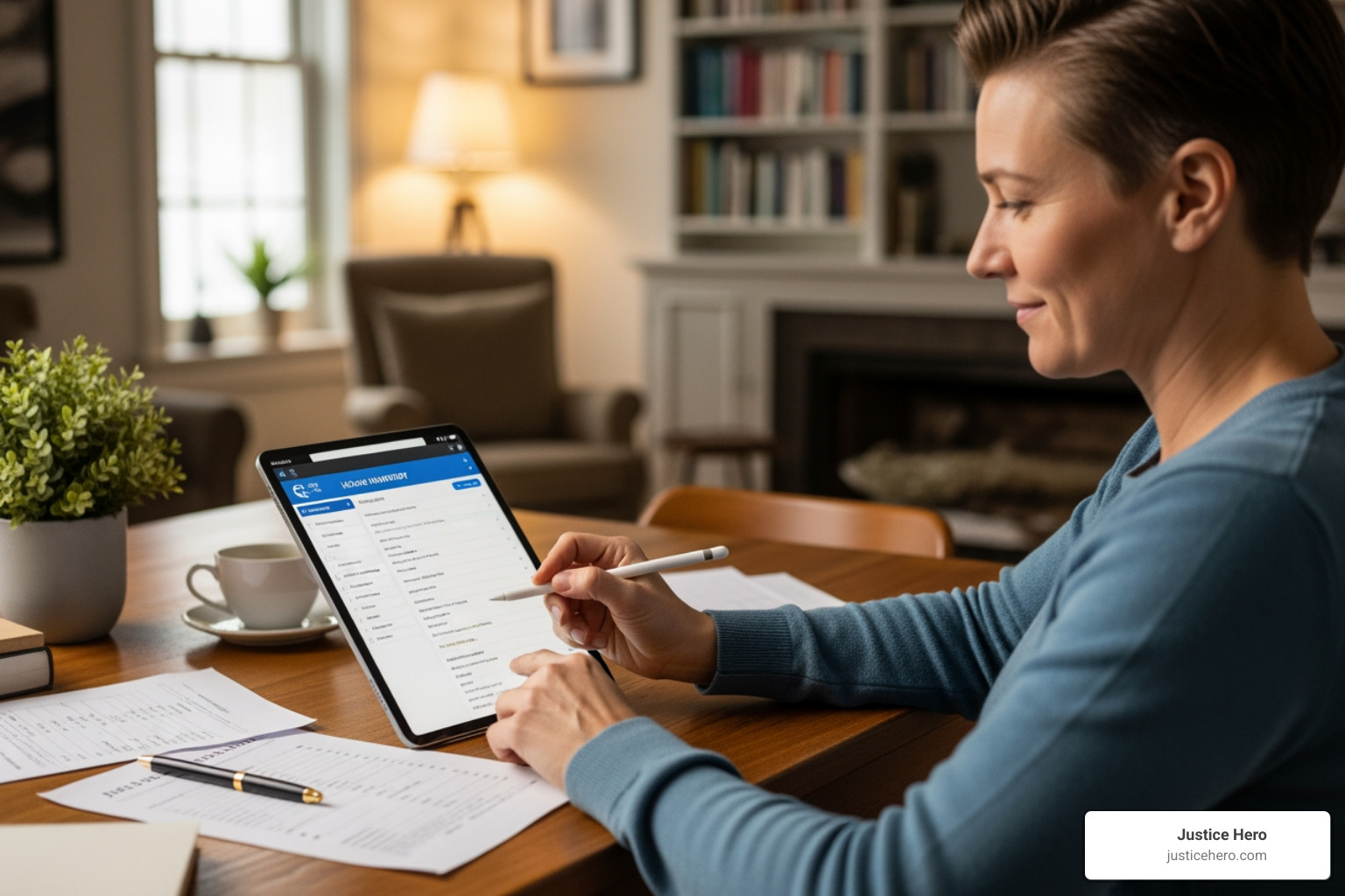 a person organizing documents and creating a home inventory list on a tablet - Dealing with insurance companies a person organizing documents and creating a home inventory list on a tablet - Dealing with insurance companies