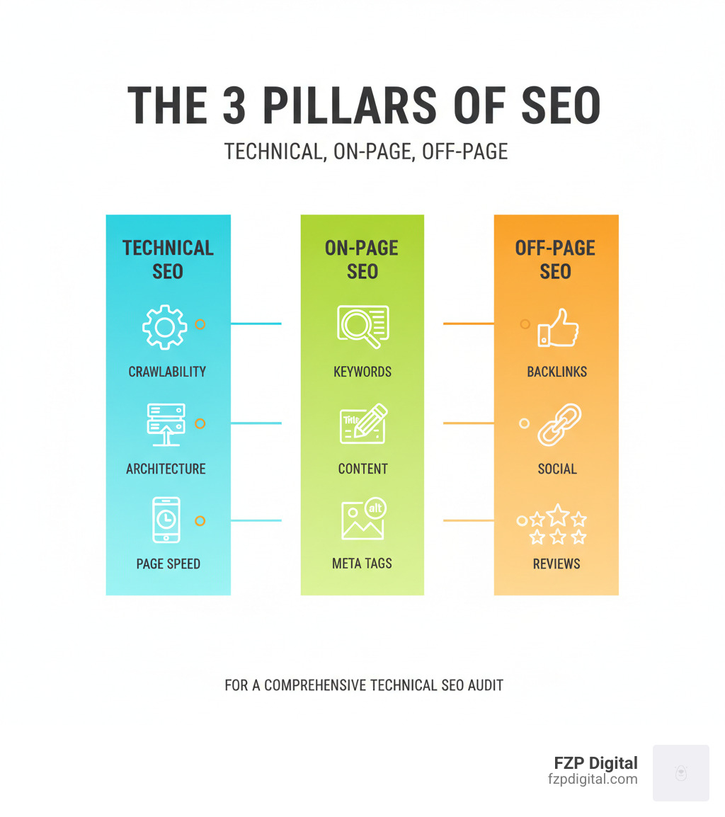 Infographic showing the three pillars of SEO: Technical, On-Page, and Off-Page - Technical SEO audit infographic Infographic showing the three pillars of SEO: Technical, On-Page, and Off-Page - Technical SEO audit infographic