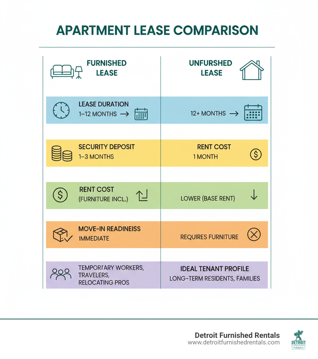 infographic showing comparison between furnished and unfurnished apartment leases including lease duration (furnished: 1-12 months vs unfurnished: 12+ months), security deposit (furnished: 1-3 months vs unfurnished: 1 month), rent cost (furnished: higher due to furniture vs unfurnished: lower base rent), move-in readiness (furnished: immediate vs unfurnished: requires furniture purchase), and ideal tenant profile (furnished: temporary workers, travelers, relocating professionals vs unfurnished: long-term residents, families) - furnished apartment lease infographic 