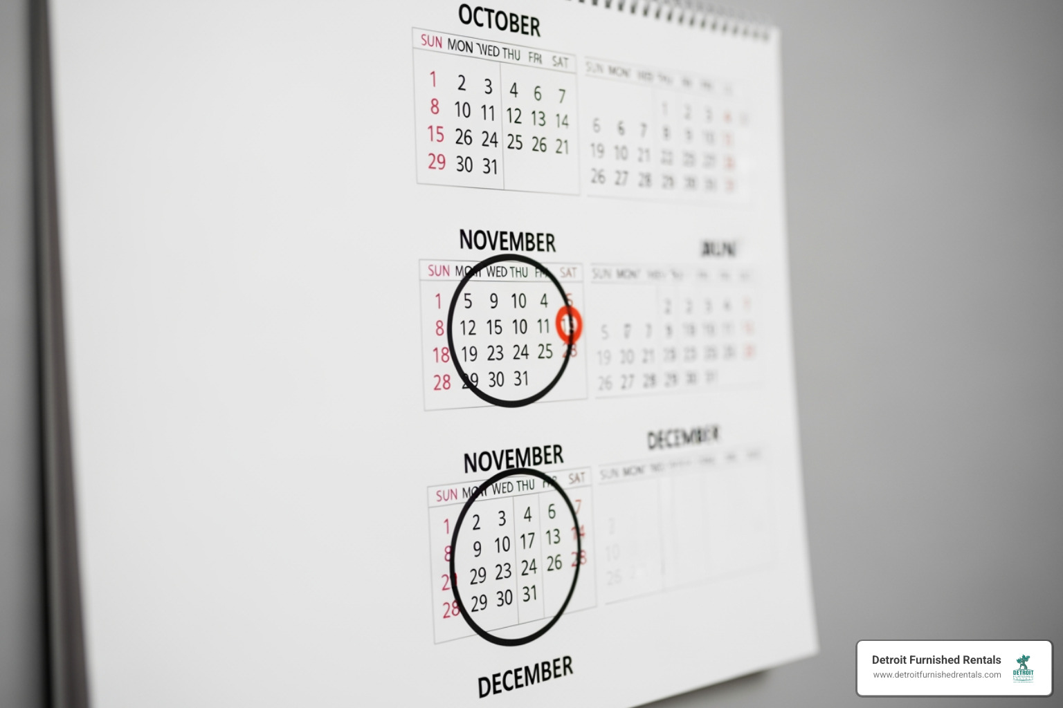 A calendar highlighting a 3-month lease period - furnished apartment lease