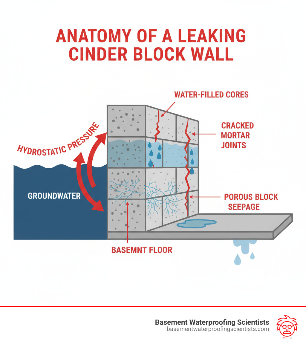Infographic showing the anatomy of a leaking cinder block wall: hydrostatic pressure from groundwater pushing against the foundation, water filling the hollow cores of cinder blocks, cracked mortar joints allowing water entry, and water seeping through porous block material onto the basement floor - how to repair a leaking cinder block basement wall infographic Infographic showing the anatomy of a leaking cinder block wall: hydrostatic pressure from groundwater pushing against the foundation, water filling the hollow cores of cinder blocks, cracked mortar joints allowing water entry, and water seeping through porous block material onto the basement floor - how to repair a leaking cinder block basement wall infographic