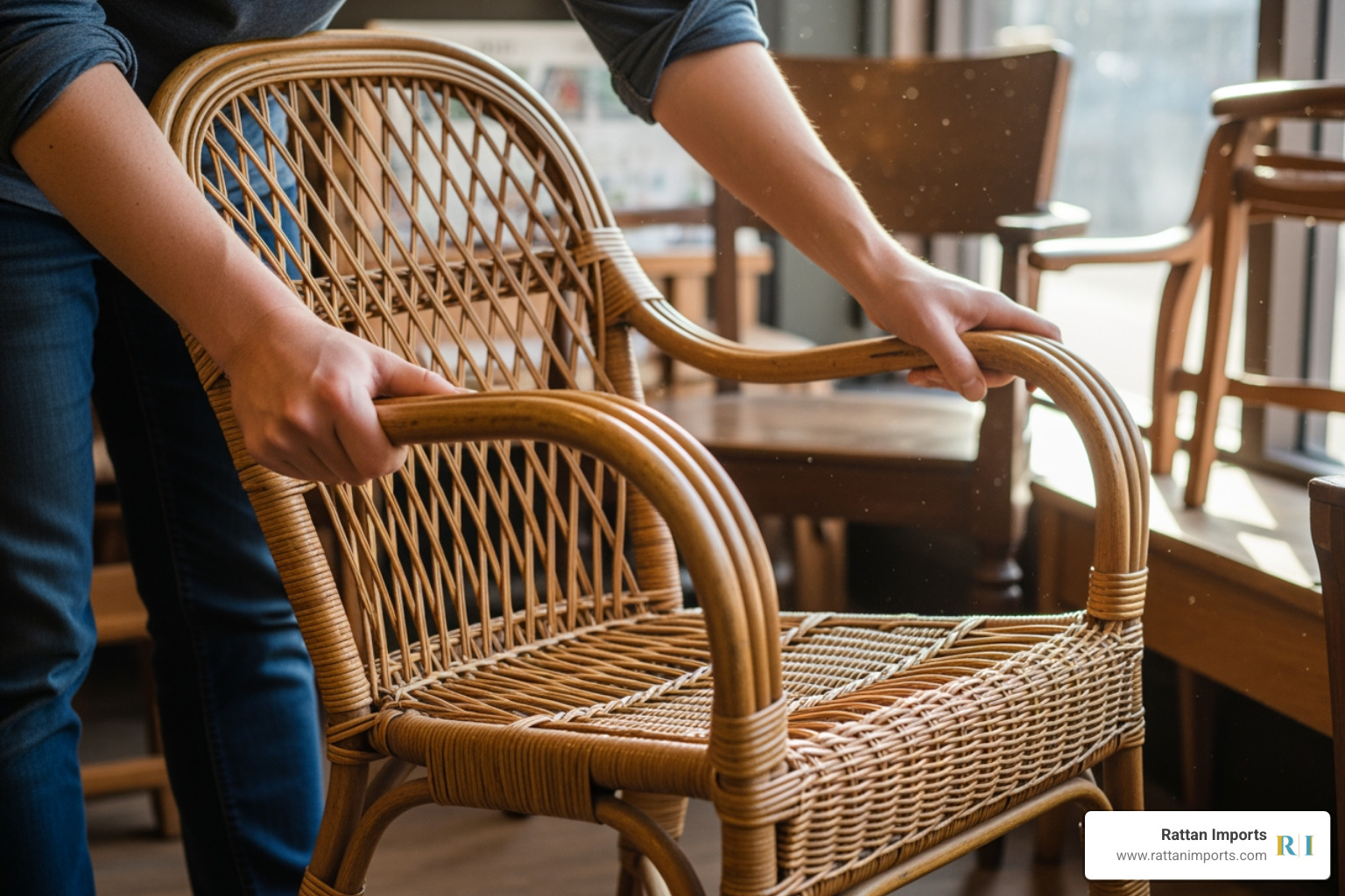 person inspecting the frame of a used wicker chair for stability - used lloyd flanders furniture