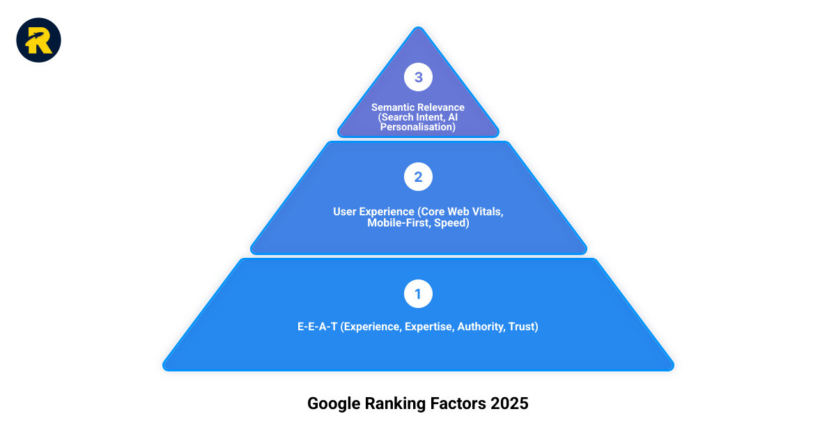infographic showing the core pillars of Google ranking factors 2025: E-E-A-T (Experience, Expertise, Authority, Trust) at the foundation, User Experience (Core Web Vitals, Mobile-First, Speed) in the middle layer, and Semantic Relevance (Search Intent, Topic Clusters, AI Personalisation) at the top, with Backlinks and Technical SEO as supporting pillars on either side - google ranking factors 2025 infographic 3_stage_pyramid