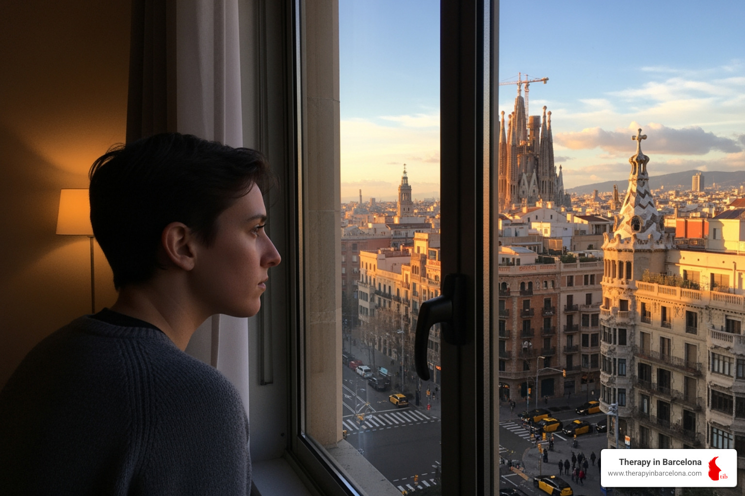 person looking thoughtfully out window in Barcelona - EMDR for depression