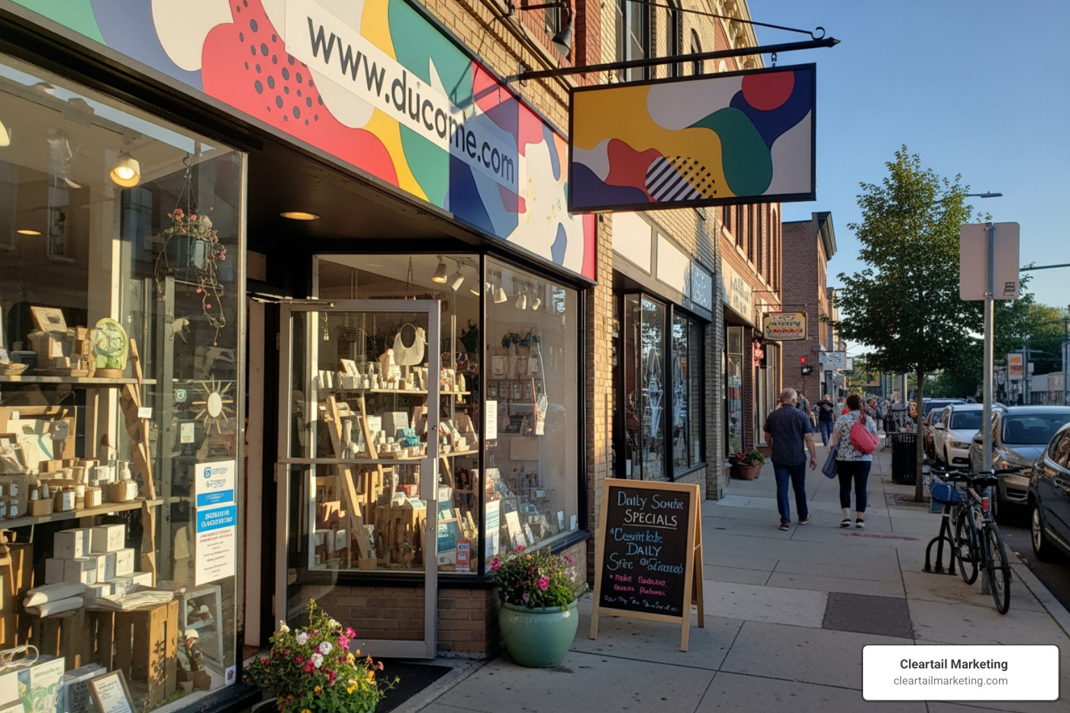 A THRIVING LOCAL STOREFRONT WITH A SIGN INDICATING THEIR WEBSITE ADDRESS - WEBSITE DESIGN FOR LOCAL BUSINESS