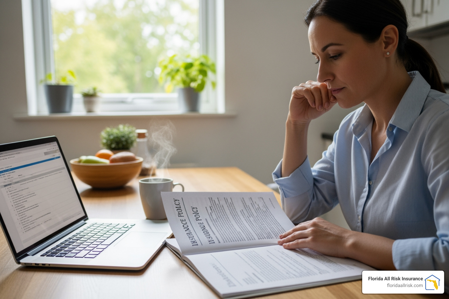 person sitting at a kitchen table, looking thoughtfully at an insurance policy document with a laptop open. - Rental property flood insurance