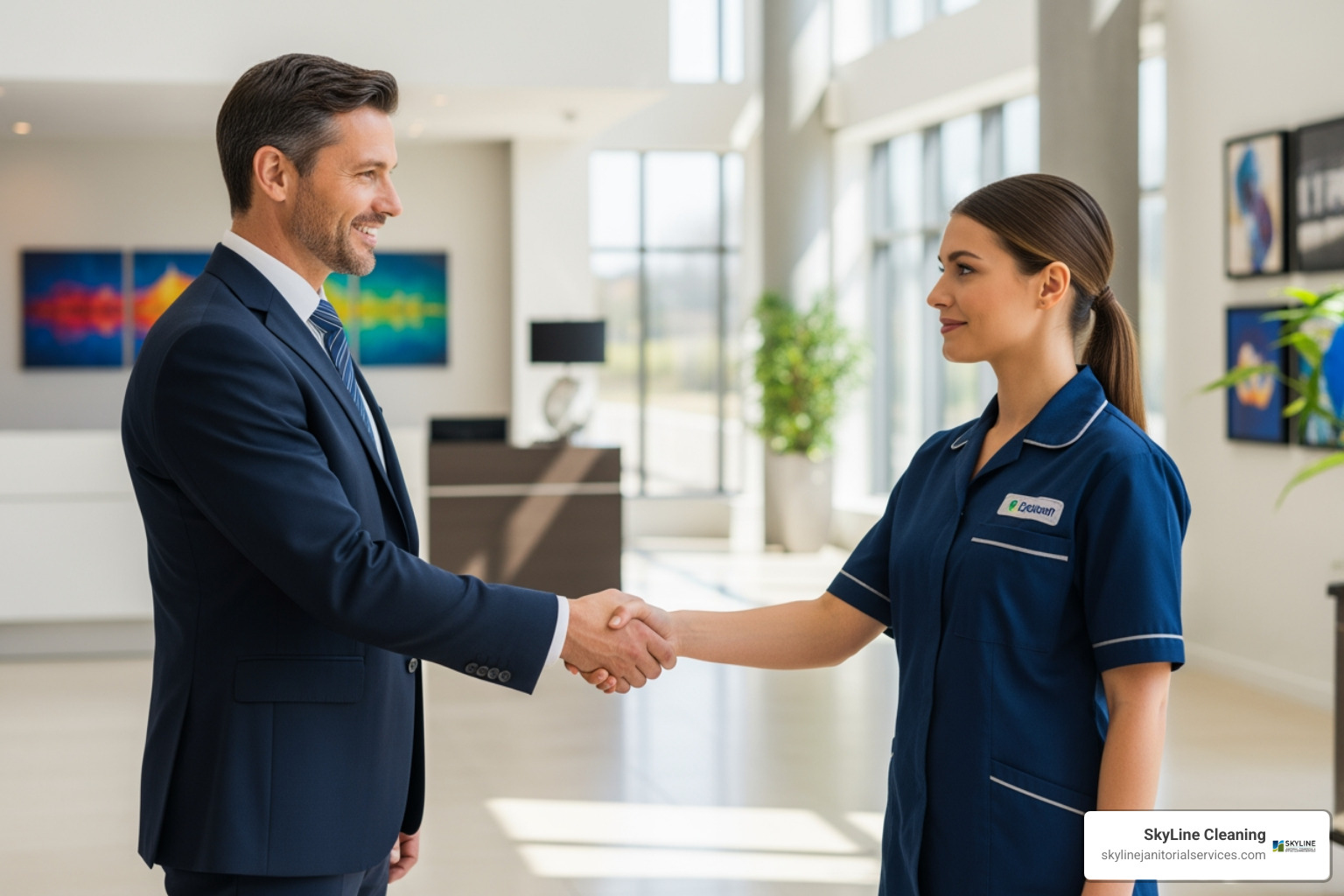 business manager shaking hands with a uniformed cleaning professional - professional commercial cleaning services chicago