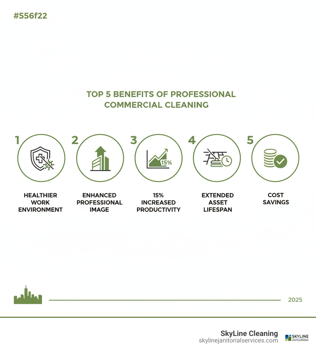 infographic showing top 5 benefits of professional commercial cleaning: 1) Healthier work environment with reduced illness transmission, 2) Enhanced professional image and first impressions, 3) 15% increase in employee productivity, 4) Extended lifespan of carpets, floors, and furniture, 5) Cost savings through preventive maintenance - professional commercial cleaning services chicago infographic 