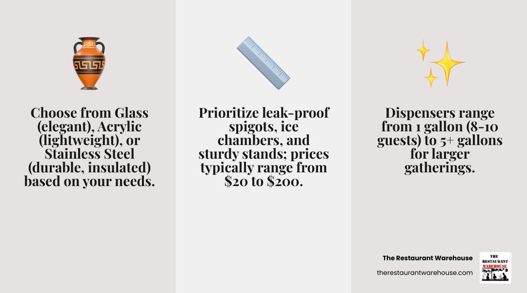 infographic showing drinks dispenser types by material with capacity ranges, typical uses, and price points for glass, acrylic, and stainless steel options - drinks dispenser infographic 3_facts_emoji_grey infographic showing drinks dispenser types by material with capacity ranges, typical uses, and price points for glass, acrylic, and stainless steel options - drinks dispenser infographic 3_facts_emoji_grey