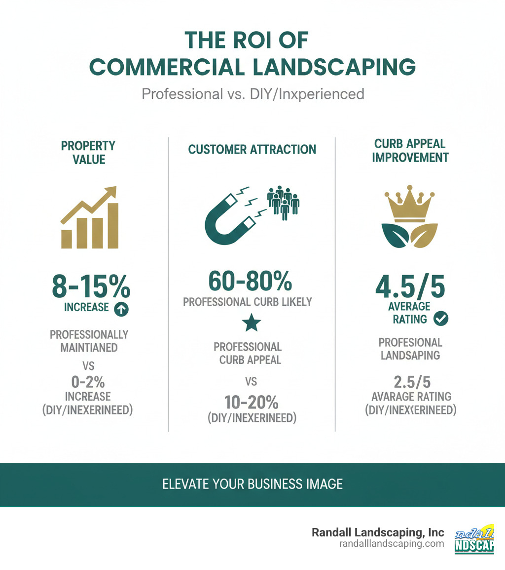 infographic showing the ROI of commercial landscaping with increased property value percentages, customer attraction rates, and average curb appeal improvement statistics compared between professionally maintained properties versus DIY or inexperienced contractor work - experienced landscaping company infographic 