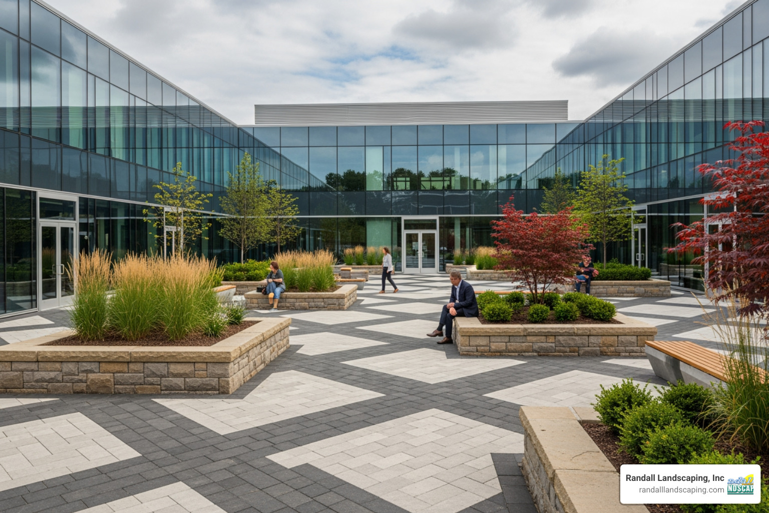 complex commercial hardscaping project with intricate paver patterns and built-in seating - experienced landscaping company