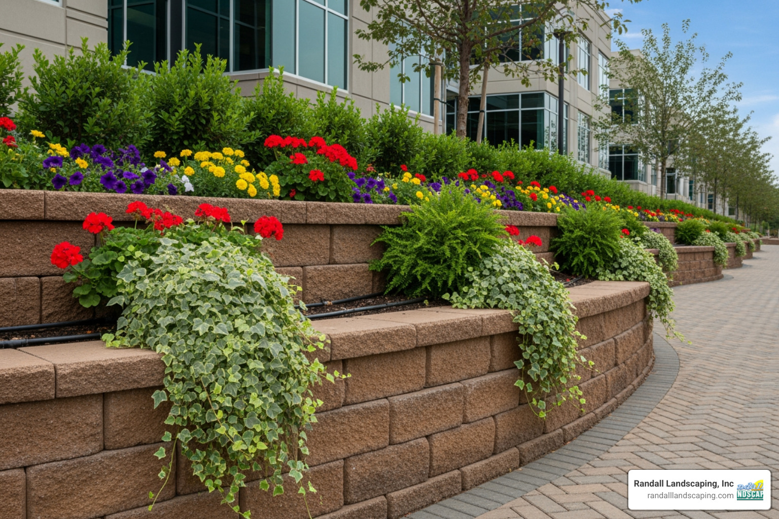functional and attractive commercial retaining wall with integrated planters - experienced landscaping company