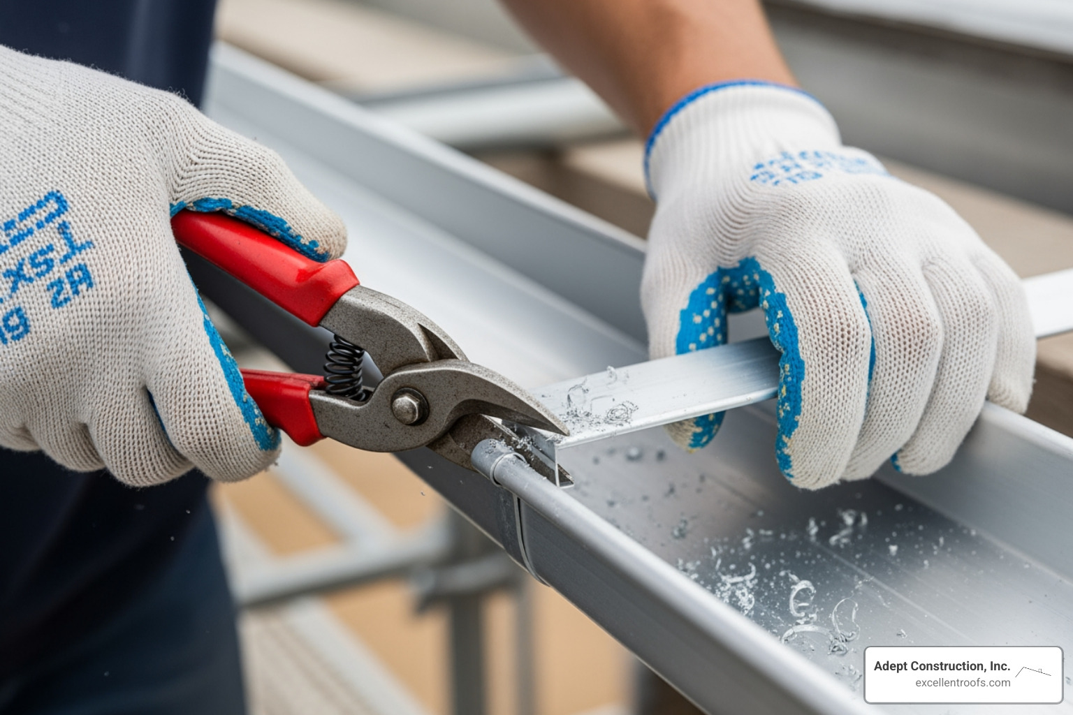 Cutting a gutter section with tin snips - Aluminum gutter installation Cutting a gutter section with tin snips - Aluminum gutter installation