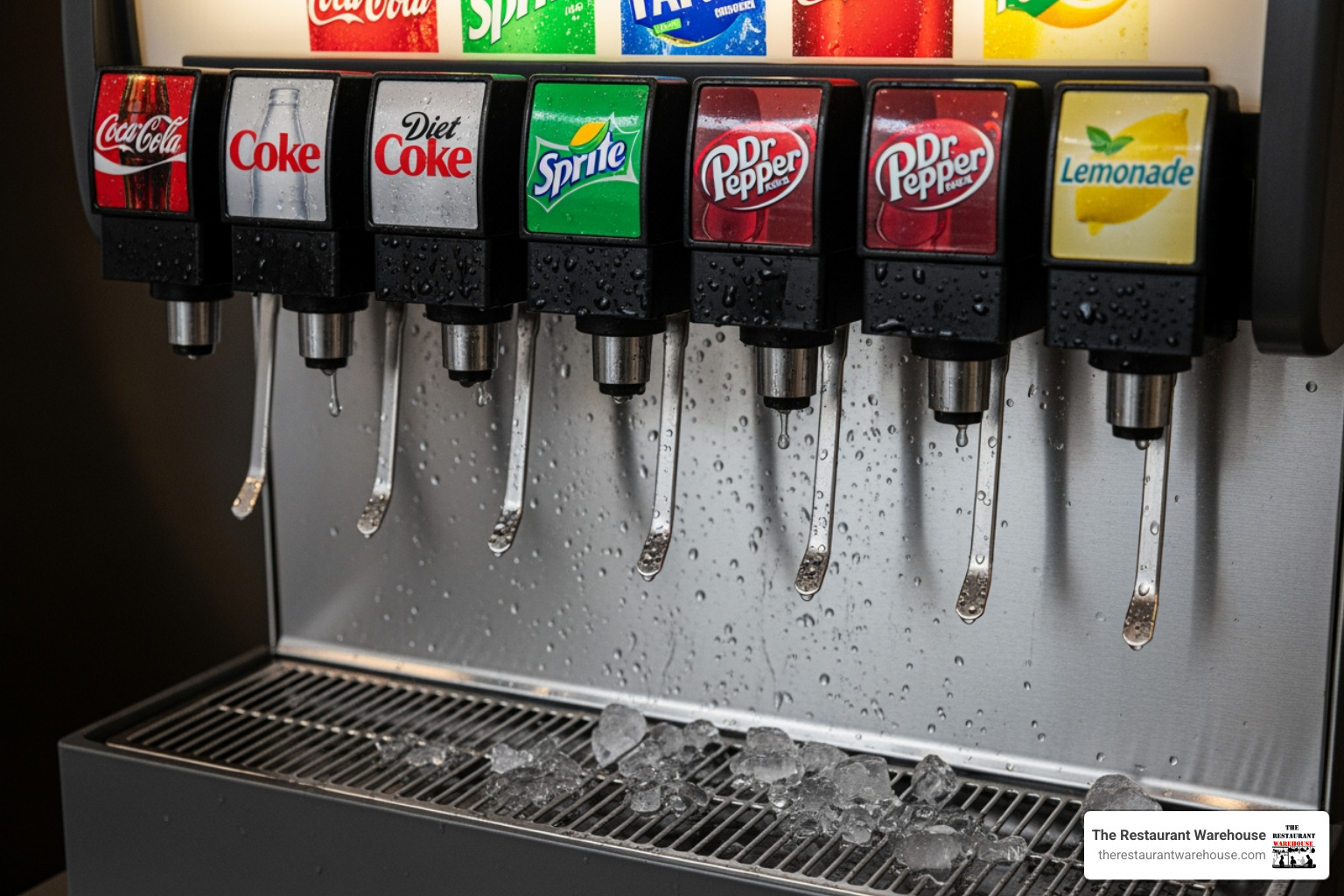 Dispenser's valve area, multiple self-serve levers - commercial fizzy drinks dispenser