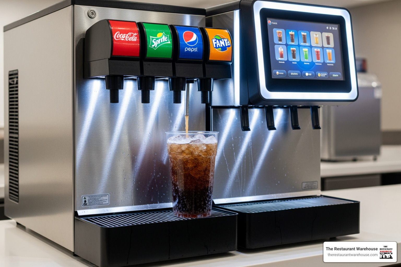 Touchscreen interface on a modern soda dispenser - commercial fizzy drinks dispenser
