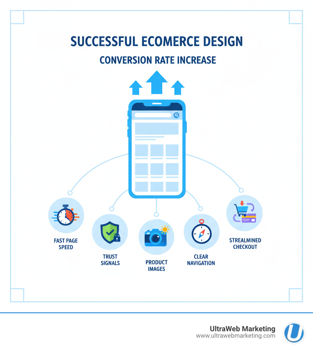 Infographic showing the key components of successful ecommerce website design: a mobile phone displaying a responsive ecommerce site at the top, surrounded by icons representing fast page speed (stopwatch), trust badges (security shield), product photography (camera), intuitive navigation (compass), and streamlined checkout (shopping cart), with conversion rate arrows pointing upward - Ecommerce Website Design infographic Infographic showing the key components of successful ecommerce website design: a mobile phone displaying a responsive ecommerce site at the top, surrounded by icons representing fast page speed (stopwatch), trust badges (security shield), product photography (camera), intuitive navigation (compass), and streamlined checkout (shopping cart), with conversion rate arrows pointing upward - Ecommerce Website Design infographic
