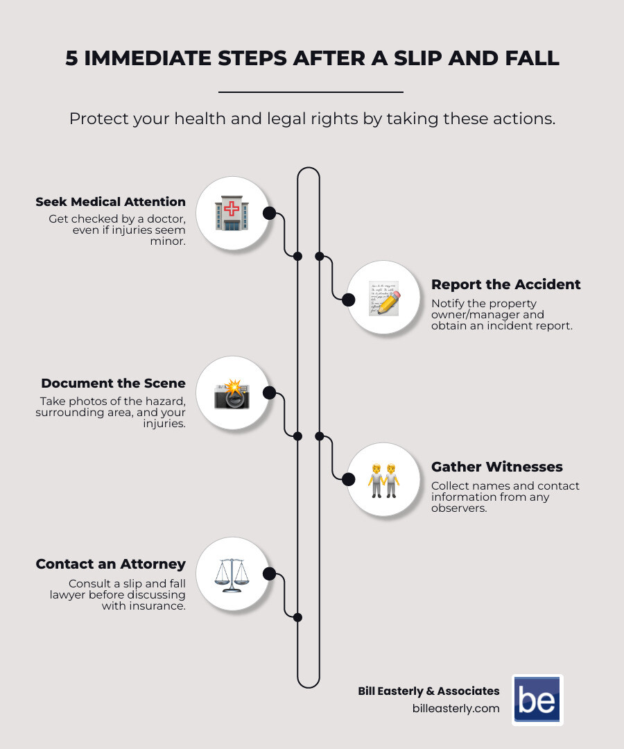 Infographic showing 5 immediate steps after a slip and fall: 1) Seek medical attention even if you feel fine, 2) Report the accident to property owner or manager and get incident report, 3) Take photos of hazard, surrounding area, and your injuries, 4) Get names and contact info of any witnesses, 5) Contact a Tennessee slip and fall attorney before talking to insurance - slip & fall attorneys infographic infographic-line-5-steps-elegant_beige