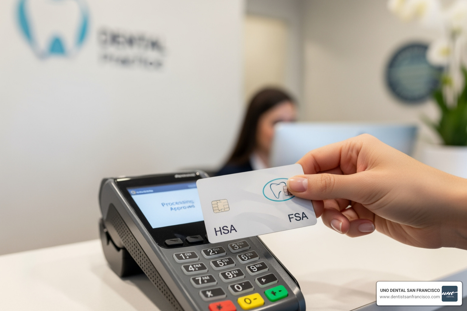 HSA/FSA card being used at a dental office for payment - dental plan for adults