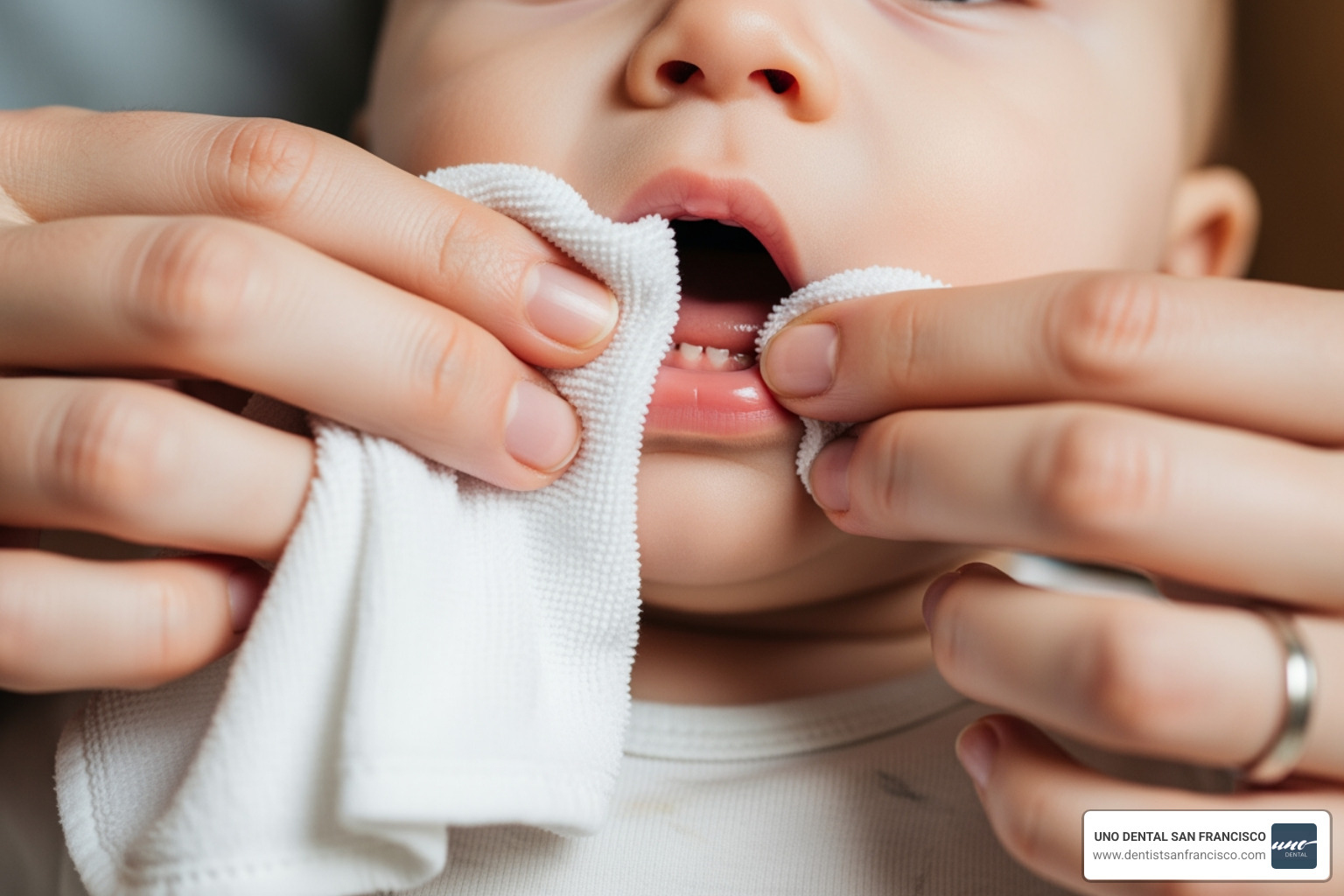 parent gently wiping baby's gums with soft cloth - kids dental health tips parent gently wiping baby's gums with soft cloth - kids dental health tips