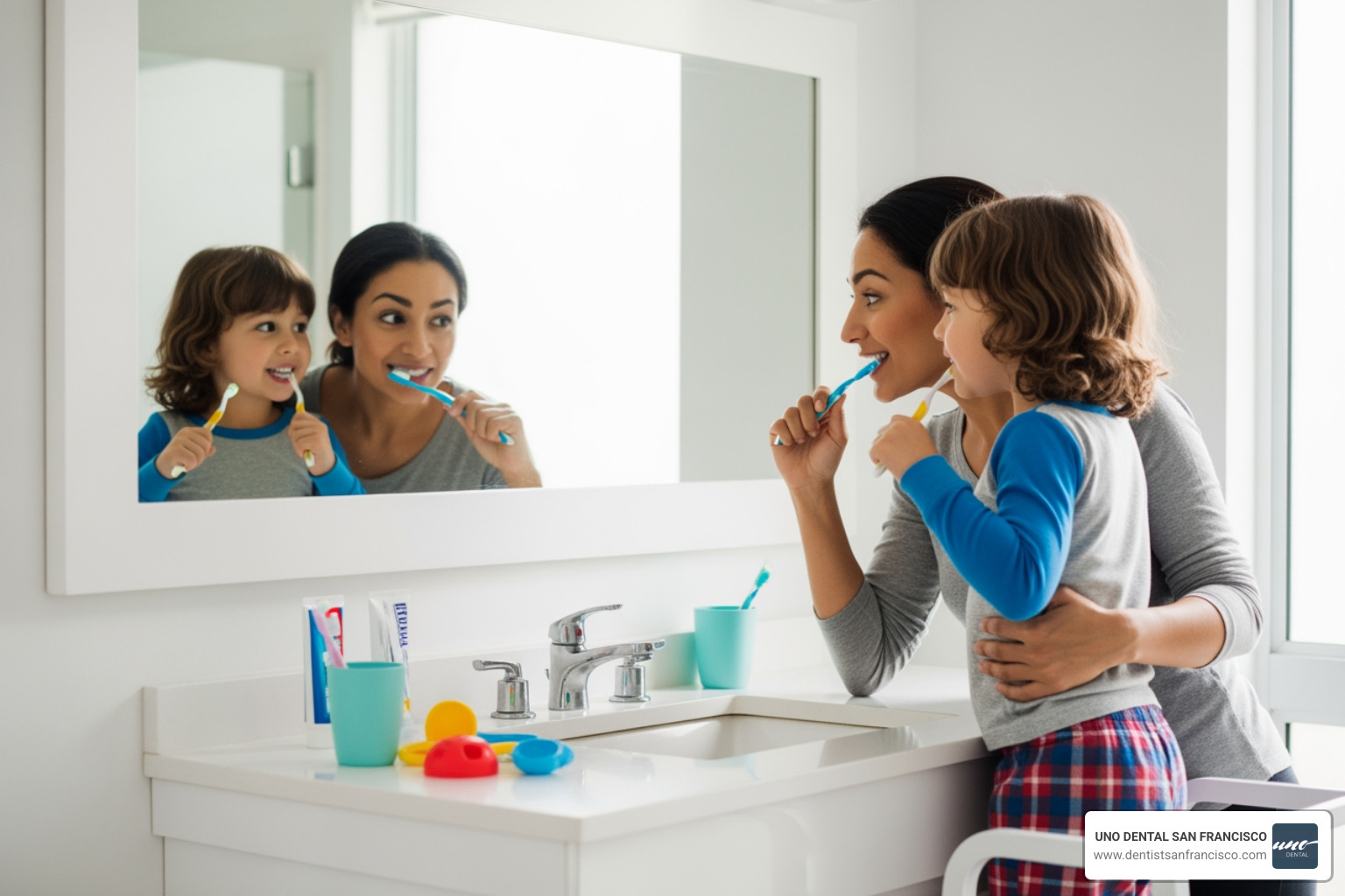 parent and child brushing teeth together in mirror - kids dental health tips parent and child brushing teeth together in mirror - kids dental health tips