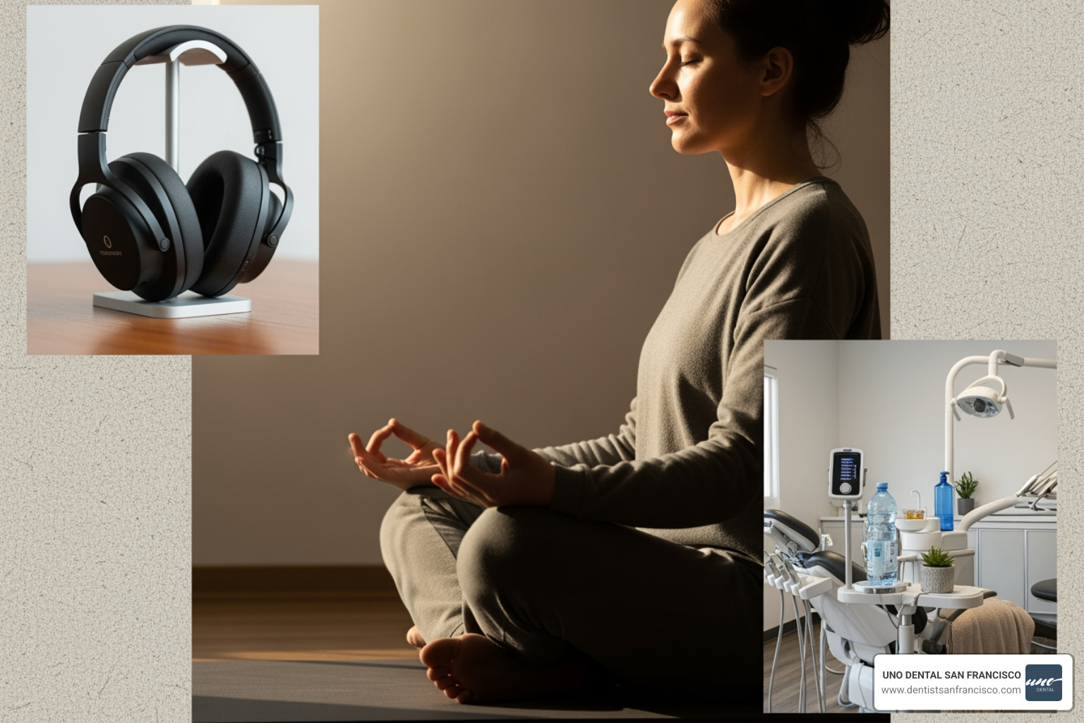 collage of different solutions: a person meditating, noise-canceling headphones, and a calm sedation dentistry setup - Dental anxiety solutions collage of different solutions: a person meditating, noise-canceling headphones, and a calm sedation dentistry setup - Dental anxiety solutions