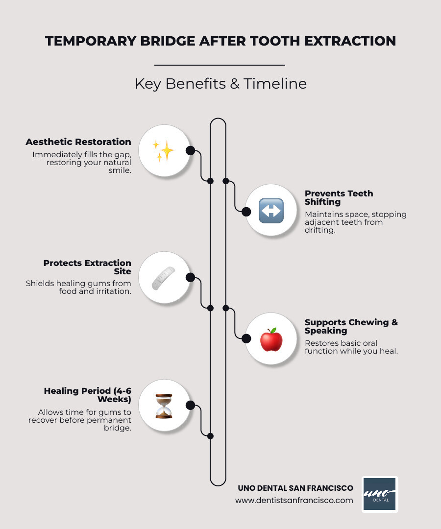 Infographic showing the timeline and benefits of temporary bridge placement after tooth extraction, including immediate aesthetic restoration, prevention of tooth shifting, protection of the extraction site, and the typical 4-6 week healing period before permanent bridge placement - tooth extraction and temporary bridge infographic infographic-line-5-steps-elegant_beige Infographic showing the timeline and benefits of temporary bridge placement after tooth extraction, including immediate aesthetic restoration, prevention of tooth shifting, protection of the extraction site, and the typical 4-6 week healing period before permanent bridge placement - tooth extraction and temporary bridge infographic infographic-line-5-steps-elegant_beige