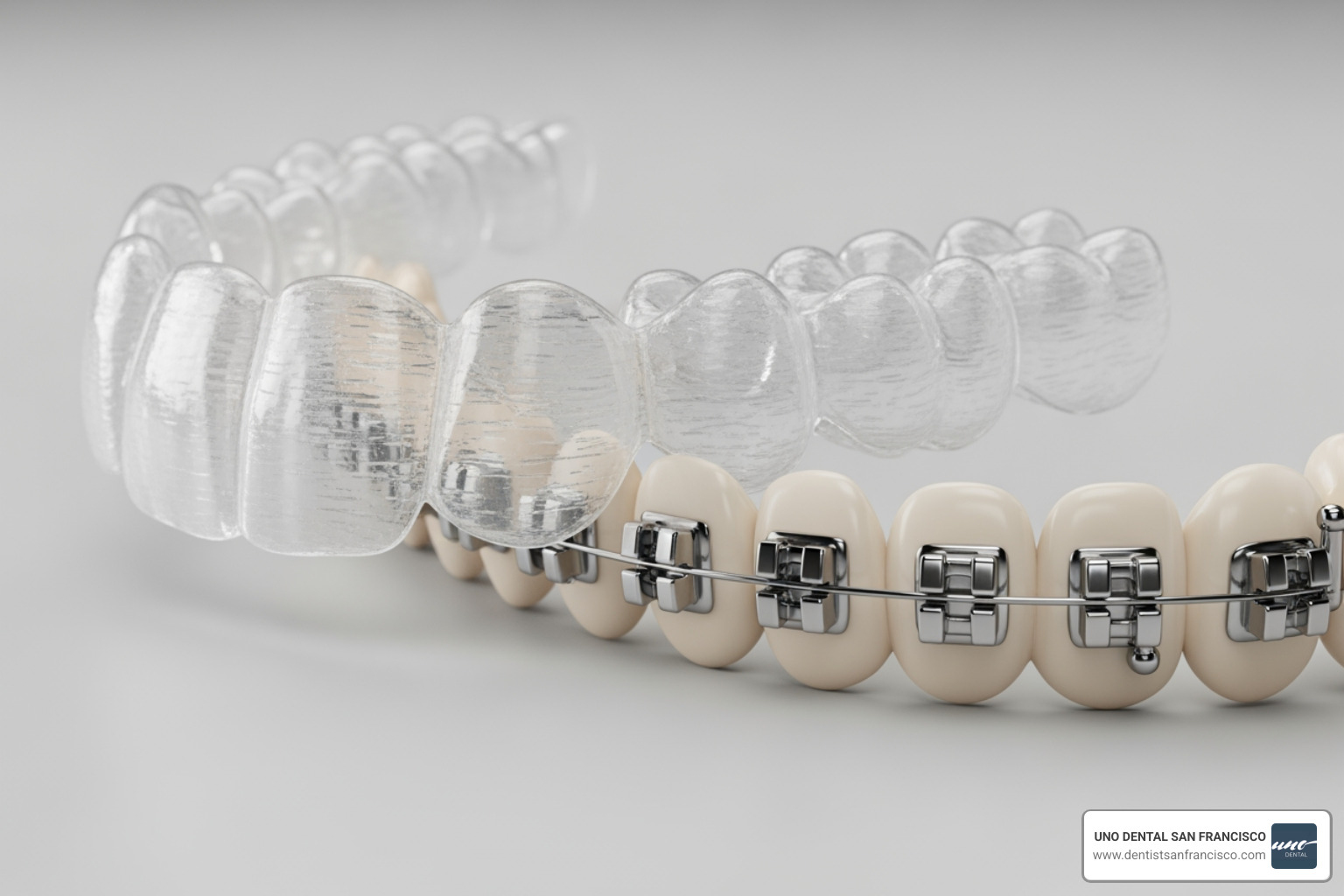 comparing a clear aligner next to traditional metal braces - invisalign cost San Francisco comparing a clear aligner next to traditional metal braces - invisalign cost San Francisco