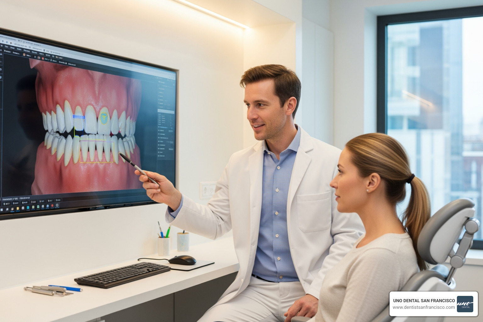 dentist explaining a 3D smile scan to a patient - invisalign cost San Francisco dentist explaining a 3D smile scan to a patient - invisalign cost San Francisco