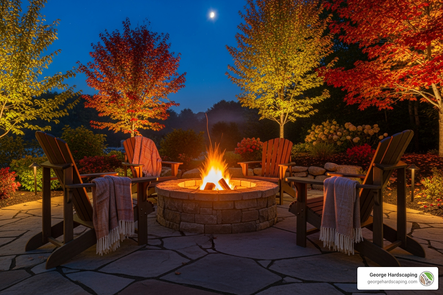 A cozy custom-built stone fire pit glows warmly on a cool autumn evening, surrounded by comfortable Adirondack chairs and lush, well-maintained landscaping. - Hardscaping MA A cozy custom-built stone fire pit glows warmly on a cool autumn evening, surrounded by comfortable Adirondack chairs and lush, well-maintained landscaping. - Hardscaping MA