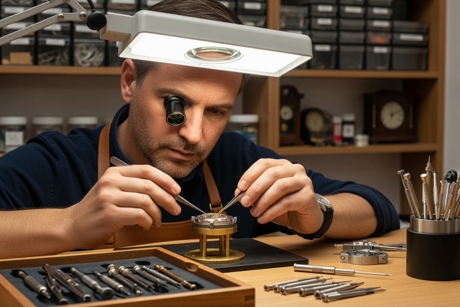 A professional watchmaker examining a watch. A professional watchmaker examining a watch.