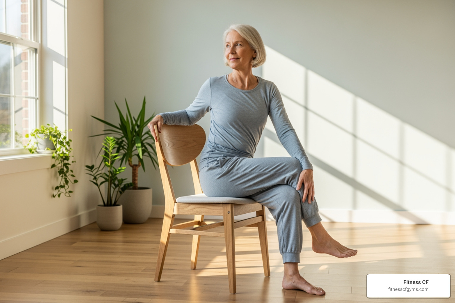 senior performing a gentle chair yoga pose - low impact workout for seniors senior performing a gentle chair yoga pose - low impact workout for seniors
