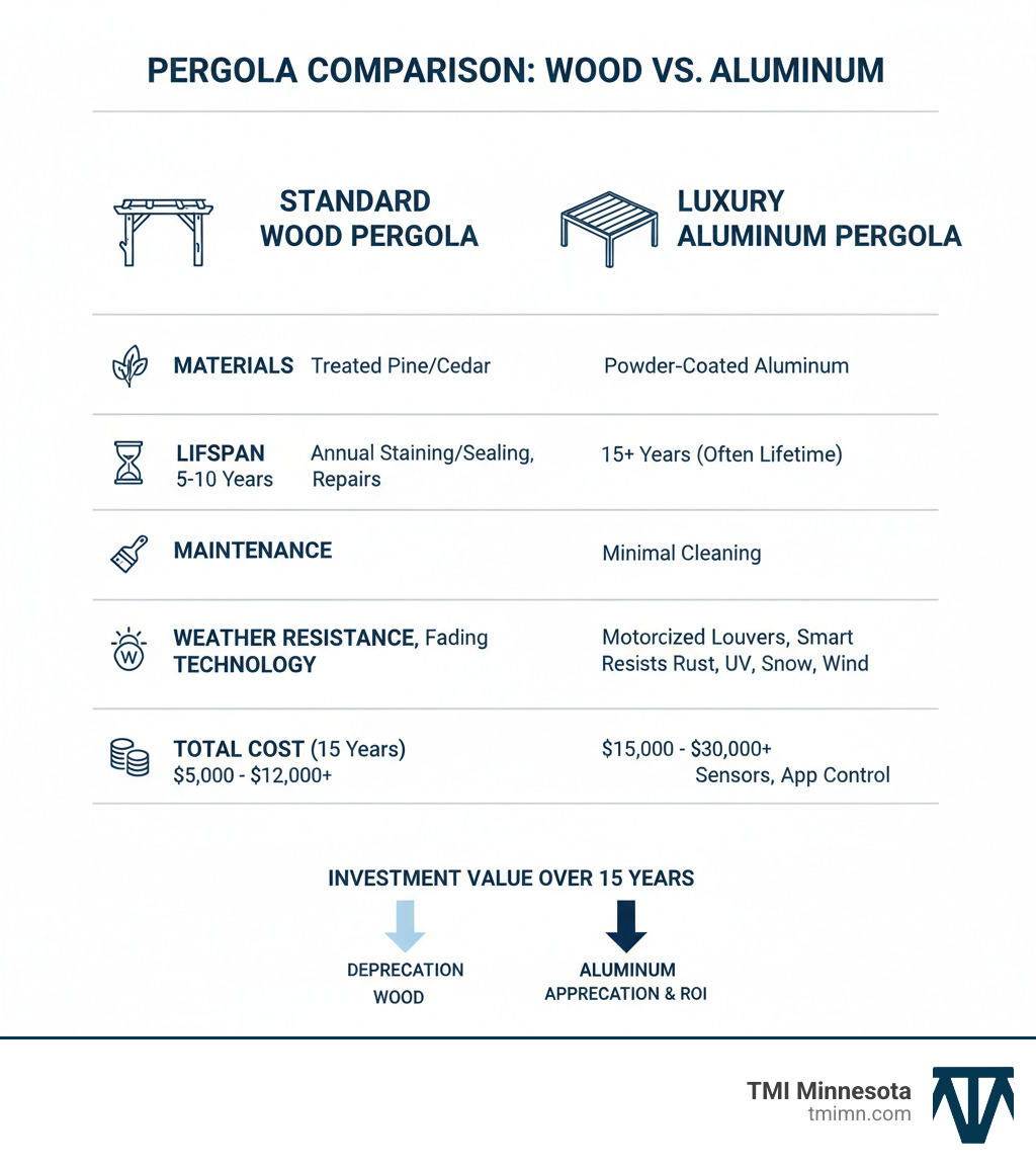 infographic comparing standard wood pergola versus luxury aluminum pergola showing differences in materials, lifespan, maintenance requirements, weather resistance, technology features, and total cost of ownership over 15 years - luxury pergolas infographic 