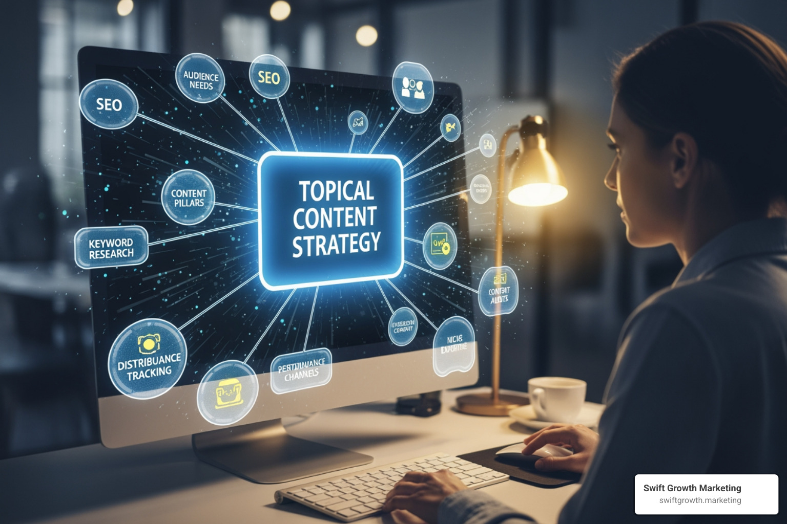 Google Analytics dashboard showing a significant increase in organic search traffic over a 12-month period, with specific callouts for growth in targeted topic clusters like "Local SEO" and "Content Strategy." - Topical content strategy Google Analytics dashboard showing a significant increase in organic search traffic over a 12-month period, with specific callouts for growth in targeted topic clusters like "Local SEO" and "Content Strategy." - Topical content strategy